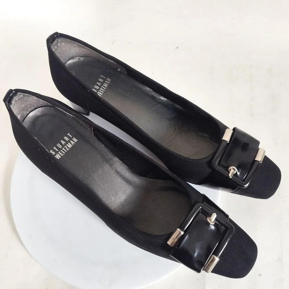 Stuart Weitzman Black Leather Sole Low Blocks Heels Size‎ 6 M Mesh Pumps Buckles